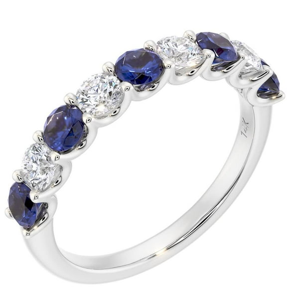 PEORA Solid 14K White Gold 1 Carat Lab Grown Diamond and Created Blue Sapphire 9-Stone Half Eternity Band for Women, Wedding Anniversary Stackable Ring, Size 9.5