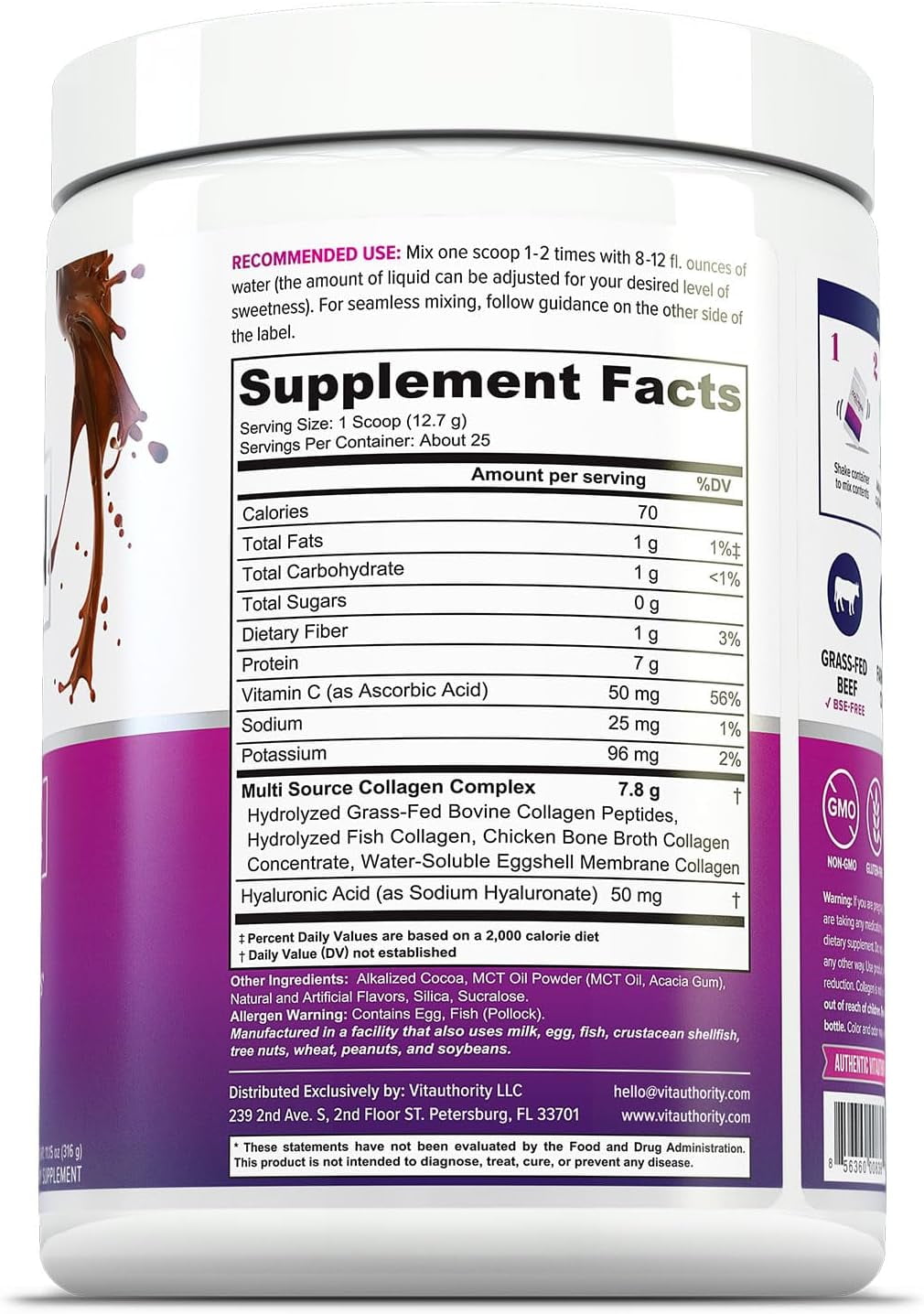 Vitauthority Multi Collagen Peptides Hydrolyzed Protein Powder, Peach Mango, 10 oz