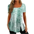 thumbnail image 2 of Aufmer Summer and Fall V Neck T Shirts for Women Elegant Misses Casual Printed Square Neck Short Sleeve Button down down Tops Loose Blouses, 2 of 5