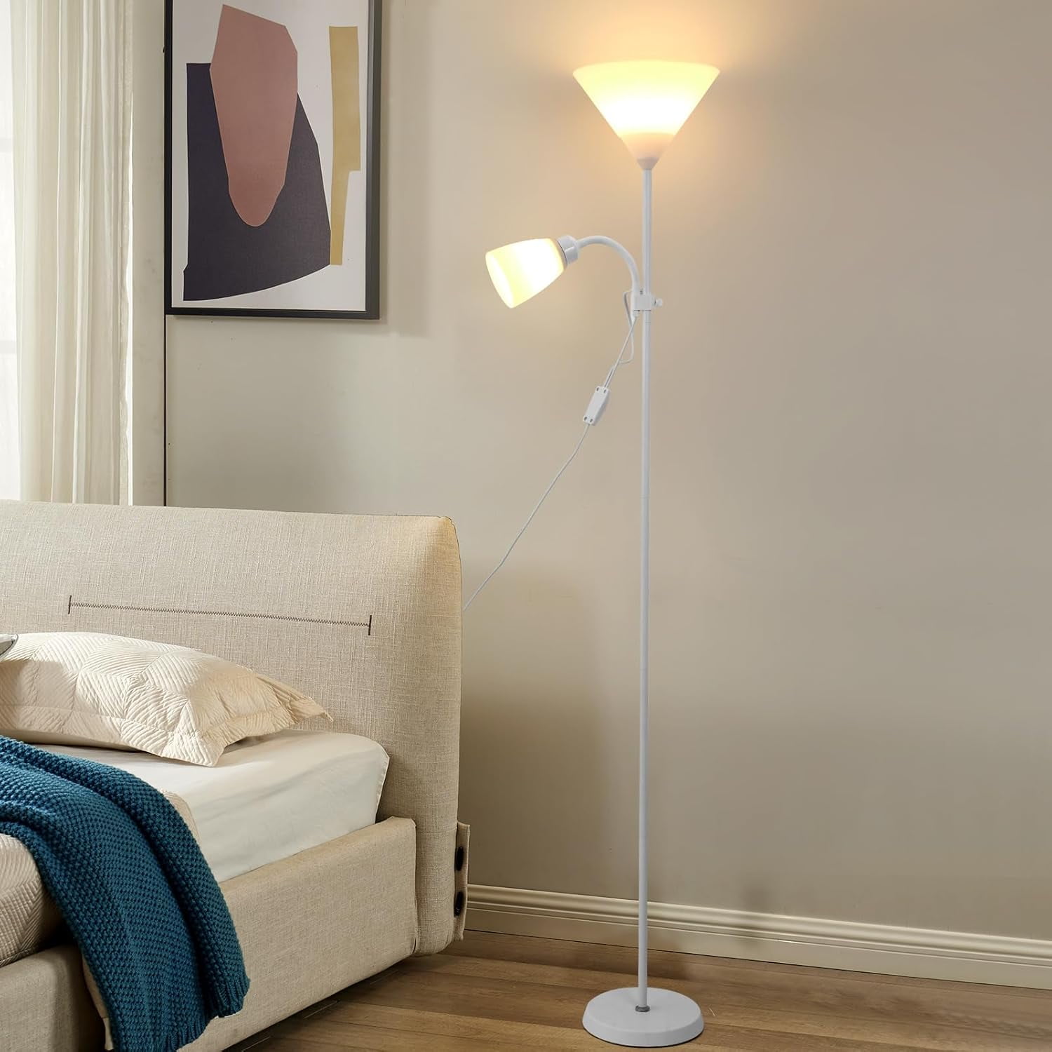 Adjustable Floor Lamp, 2 Head LED Torchiere Standing Lamp, Modern Dimmable Tall Reading Light with Bulbs for Living Room