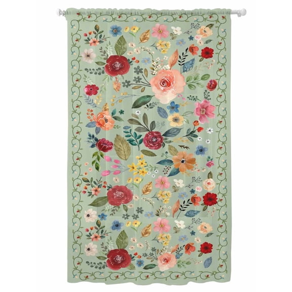 Sheer Curtains 108 Inches Long, Sage Green Floral Semi Sheer Curtains Light Filtering Window Treatment, Spring Flowers Leaves Farmhouse Privacy Voile Drapes for Living Room Bedroom 52x108 Inch