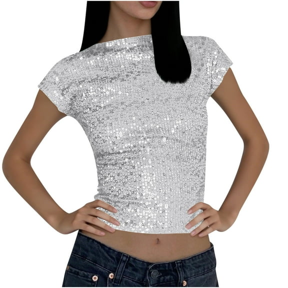 ShiShine Womens Short Sleeve Square Neck Shirts Sequin Blouses Solid Color Tops Streetwear Party Wear