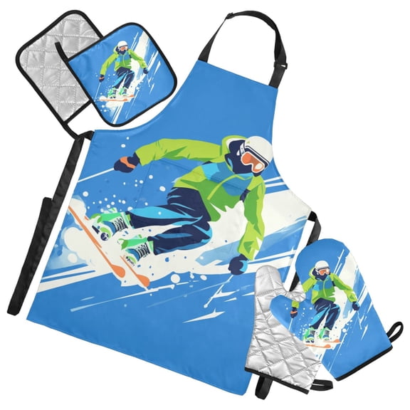 Man Skiing 5 Pcs Kitchen Set Heat Resistant Oven Mitts and Non-Slip Pot Holders with Adjustable Cooking Apron