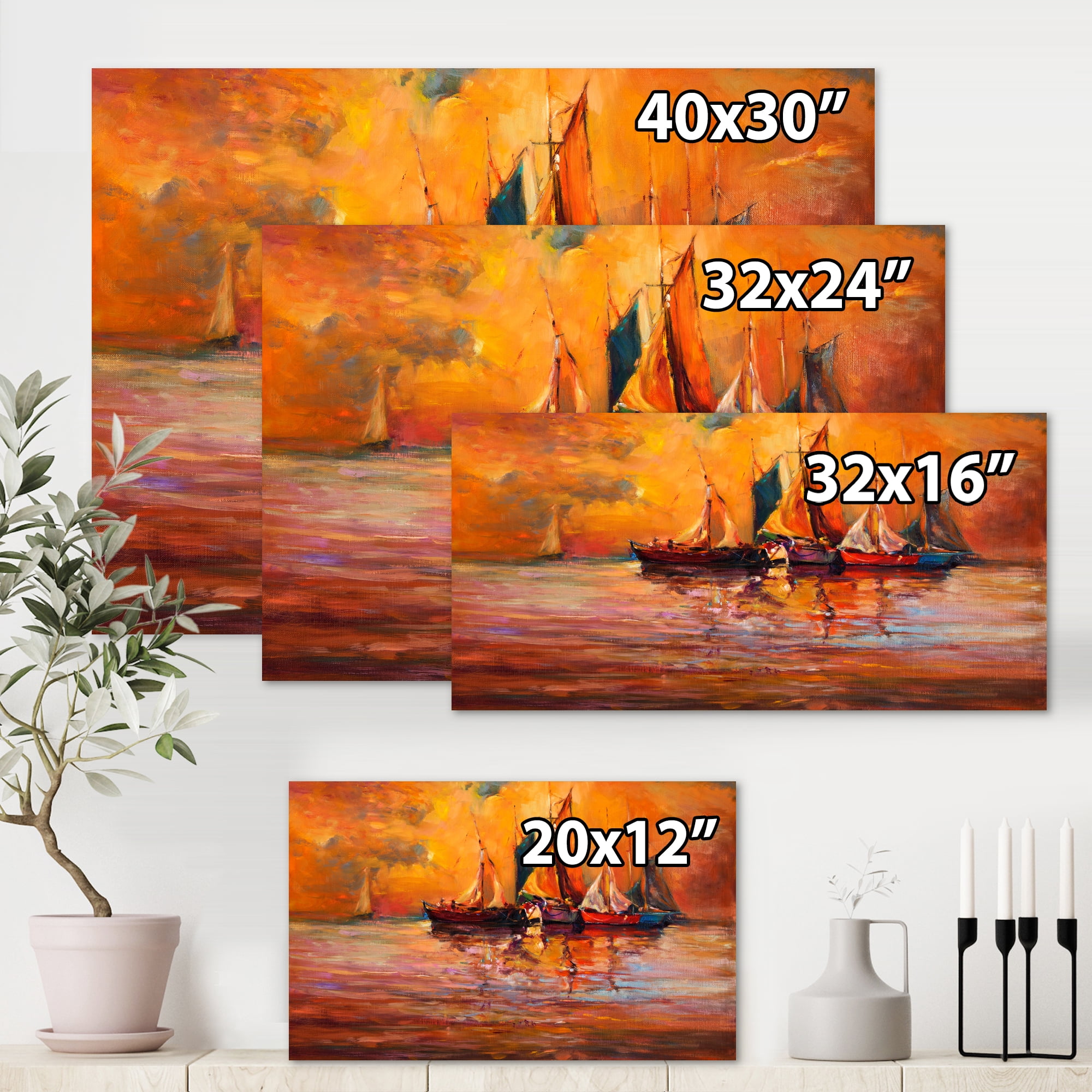 Designart ' Boats During Evening Sunset In The Ocean I ' Nautical & Coastal Canvas Wall Art Print