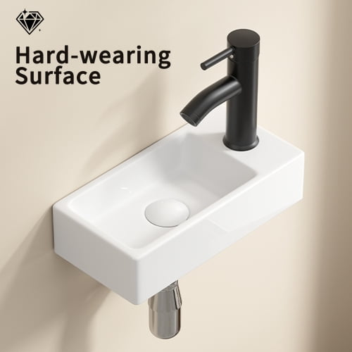 Small Rectangular Wall Hung Basin Sink, 14x7x3 Inch Vitreous China Cloakroom Wash Basin, White High Gloss Glaze, Left Hand Tap Hole, Without Tap & Drain