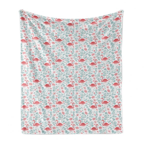 Flamingo Soft Flannel Fleece Blanket, Rich Botanical Composition with Abstract Ornate Nature Flourish Fantasy, Cozy Plush for Indoor and Outdoor Use, 50" x 60", Seafoam Coral White, by Ambesonne
