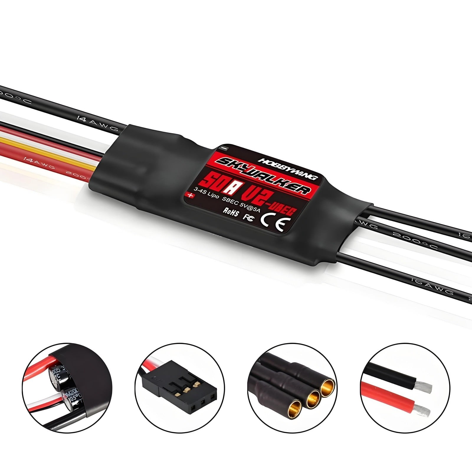 Hobbywing Skywalker 50A V2 Brushless ESC – 3–4S LiPo Compatible, 50A Continuous 65A Burst, 5V/5A UBEC, Programmable Timing & Protections for RC Airplanes, Helicopters & EDF Jets