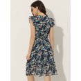 thumbnail image 4 of Vestido De Volantes Fruncidos Con Cuello En V Y Mangas Con Volantes Florales Para Mujer Azul Oscuro Blanco XS, 4 of 5