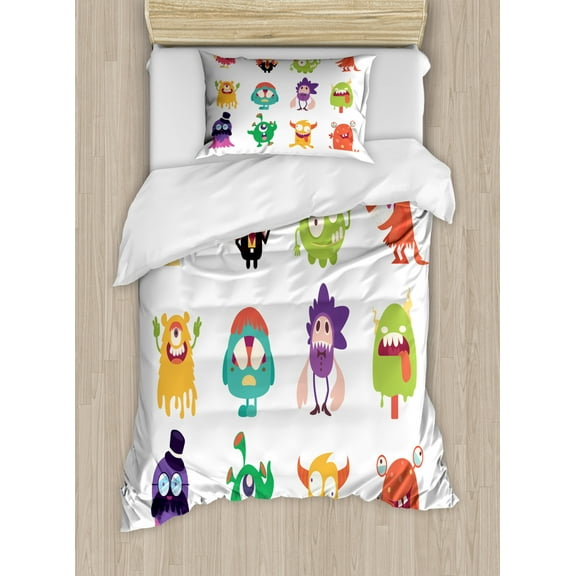 Alien Duvet Cover Set Twin Size, Monsters Doing Whimsical Faces Having Fun Childish Cartoon on Plain Background Print, Decorative 2 Piece Bedding Set with 1 Pillow Sham, Multicolor, by Ambesonne