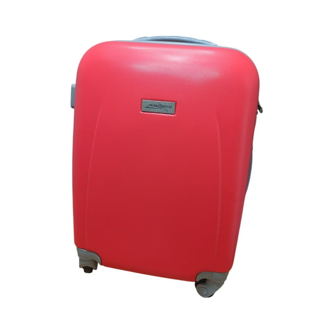maleta de viaje compacta bruselas 20" rojo equipaje peak tour maleta rígida de 20" en rojo, vista frontal centrada con textura fina; placa metálica PEAK TOUR en el centro, ruedas giratorias 360° dobles, base y protectores grises, asa telescópica retraída y cierre de cremallera lateral; fondo blanco aislado, ideal como equipaje de mano para escapadas cortas y viajes de negocios.