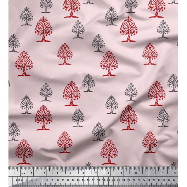 Soimoi Poly Georgette Fabric Tree Block Print Fabric by The Yard 52 Inch Wide