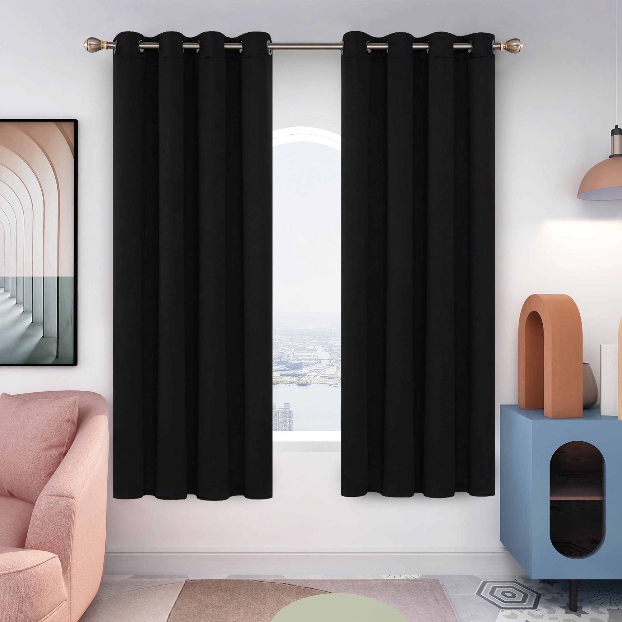 Deconovo Thermal Insulated Blackout Curtains Pack of 2 Panels, Grommet Room Darkening Curtains for Bedroom, 52x72 inch, Black