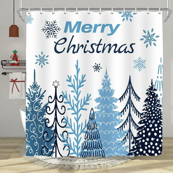 Merry Christmas Shower Curtain, Blue Xmas Pine Tree Holiday Winter New Year Bathroom Curtain Decor, Waterproof Shower Curtian Accessory Set 12 Hooks 72x72 inch