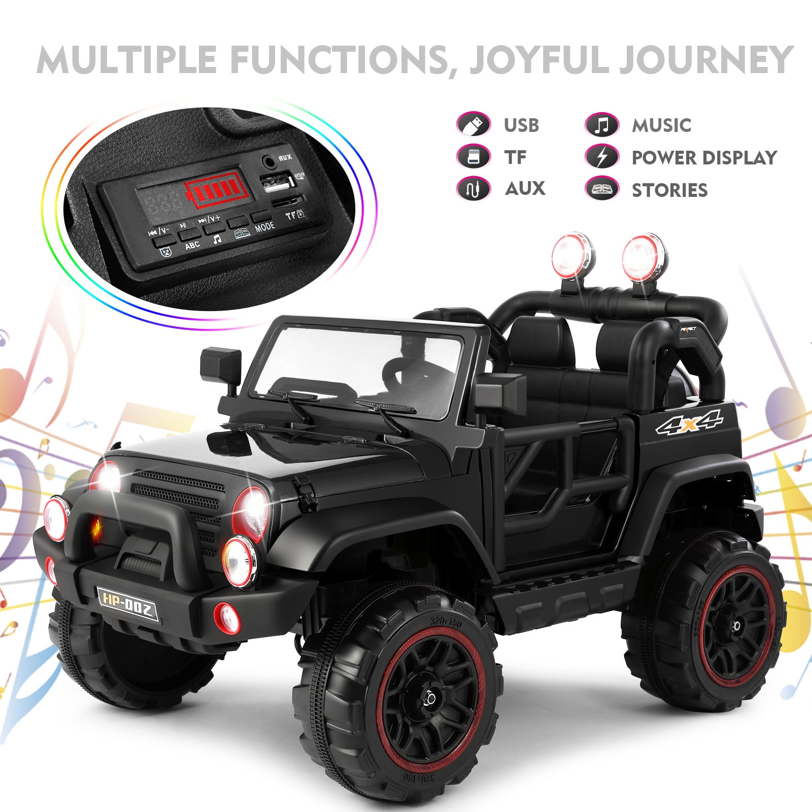 12V Battery Kids Ride On Car Truck Jeep w/Music,Lights,Cover,Remote Control(Black)