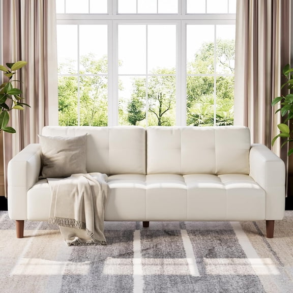 3-Seater Sofa Couch, 83 in Wide Faux Leather Sofa Couch with Spring Cushion, Modern Sofa with Deep Seats and 2 Removable Back Cushions, for Living Room, Bedroom, Apartment, Office, Beige