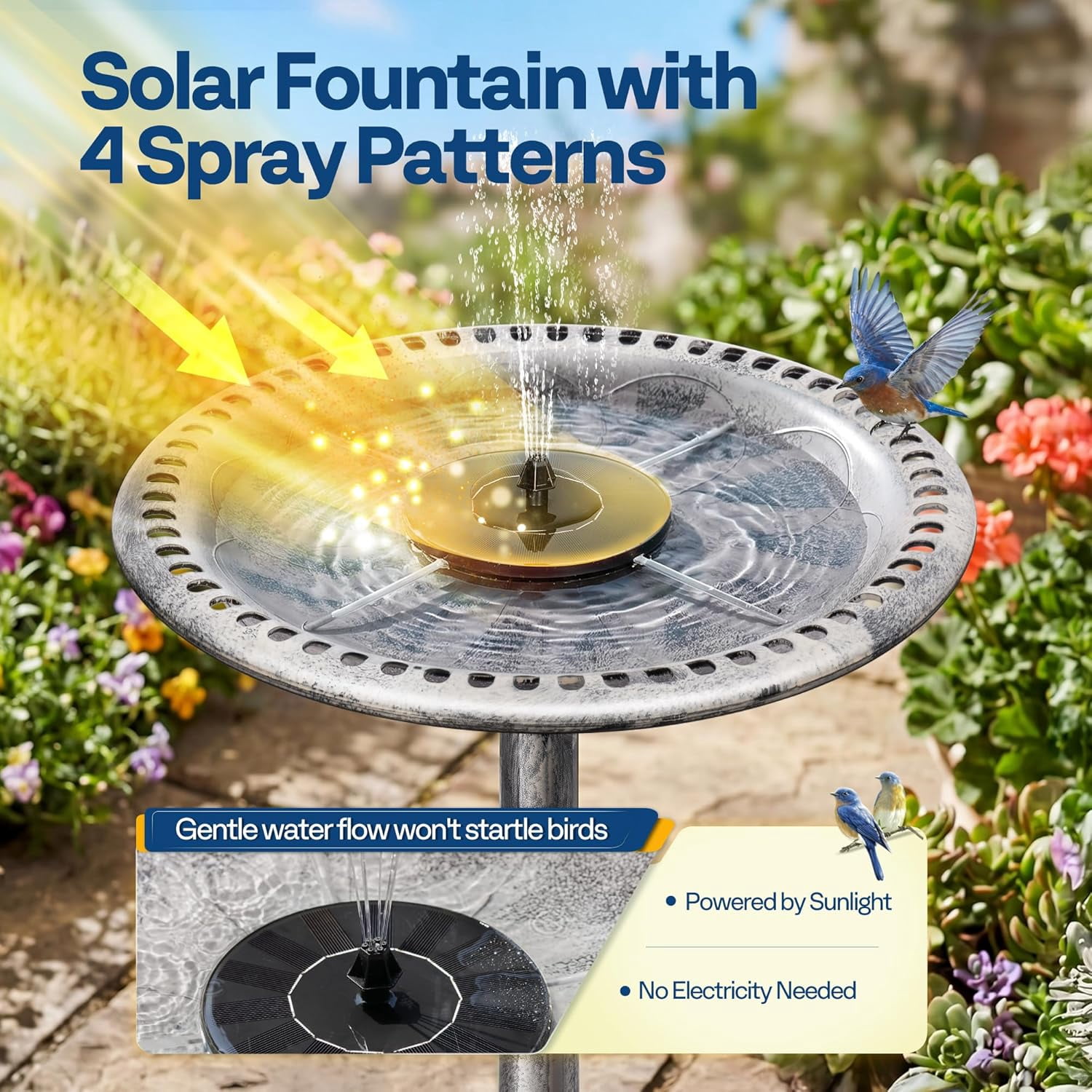 SPECSTAR Bird Bath, Polyresin Antique Outdoor Gray Garden Birdbath and Solar Powered Round Pond Fountain Combo Set