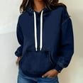 thumbnail image 6 of Women's Denim Hoodies Fashion Denim Patchwork Stitching Hooded Sweatshirts Drawstring Loose Long Sleeve Solid Pullover Fall Outfits with Pocket, 6 of 7