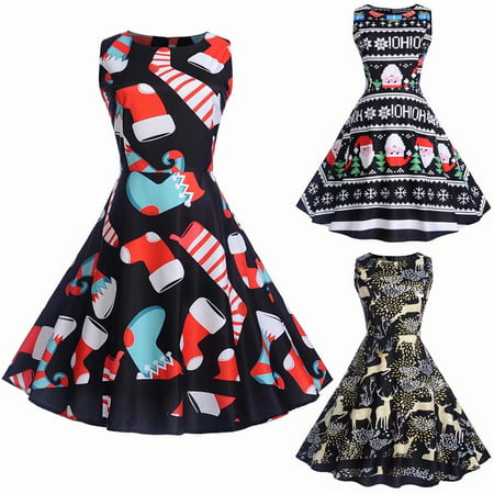 Women's Sleeveless Christmas Sock Printed Vintage Cocktail Dress Floral A Line Fit Flare Dress Party Dress