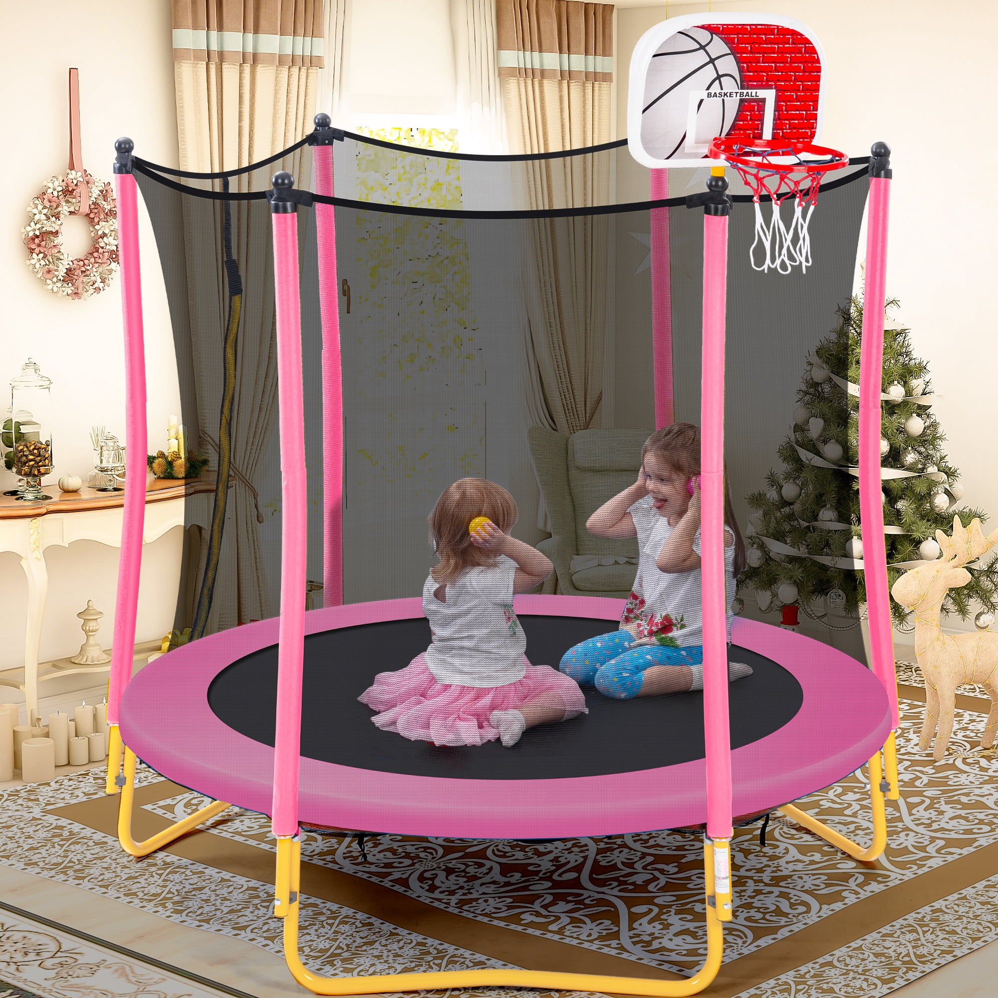 EUROCO 5.5FT Kids Trampoline with Basketball Hoop, Indoor & Outdoor Mini Toddler Trampoline with Enclosure Net, Easy to Assemble