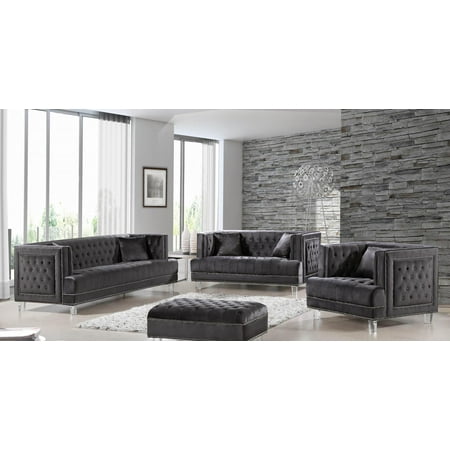 Grey Velvet Fabric Acrylic Legs Set 3 Pcs Modern Meridian Furniture 609 Lucas
