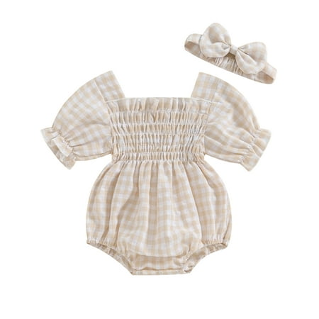 

Mevireiy Baby Girl Ruched Bubble Romper Plaid Long Sleeve Cotton Onesie Bodysuit Overall Brown 12-18 Months