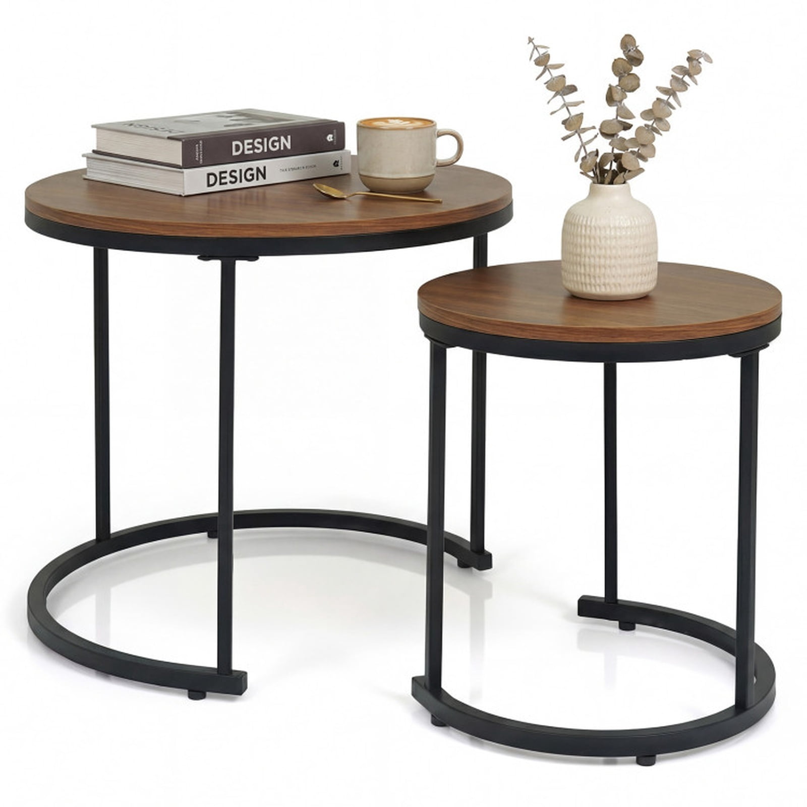 Furnibear Set of 2 Modern Round Stacking Nesting Coffee Tables with Steel Frame for Living Room and Bedroom, Light, Brown