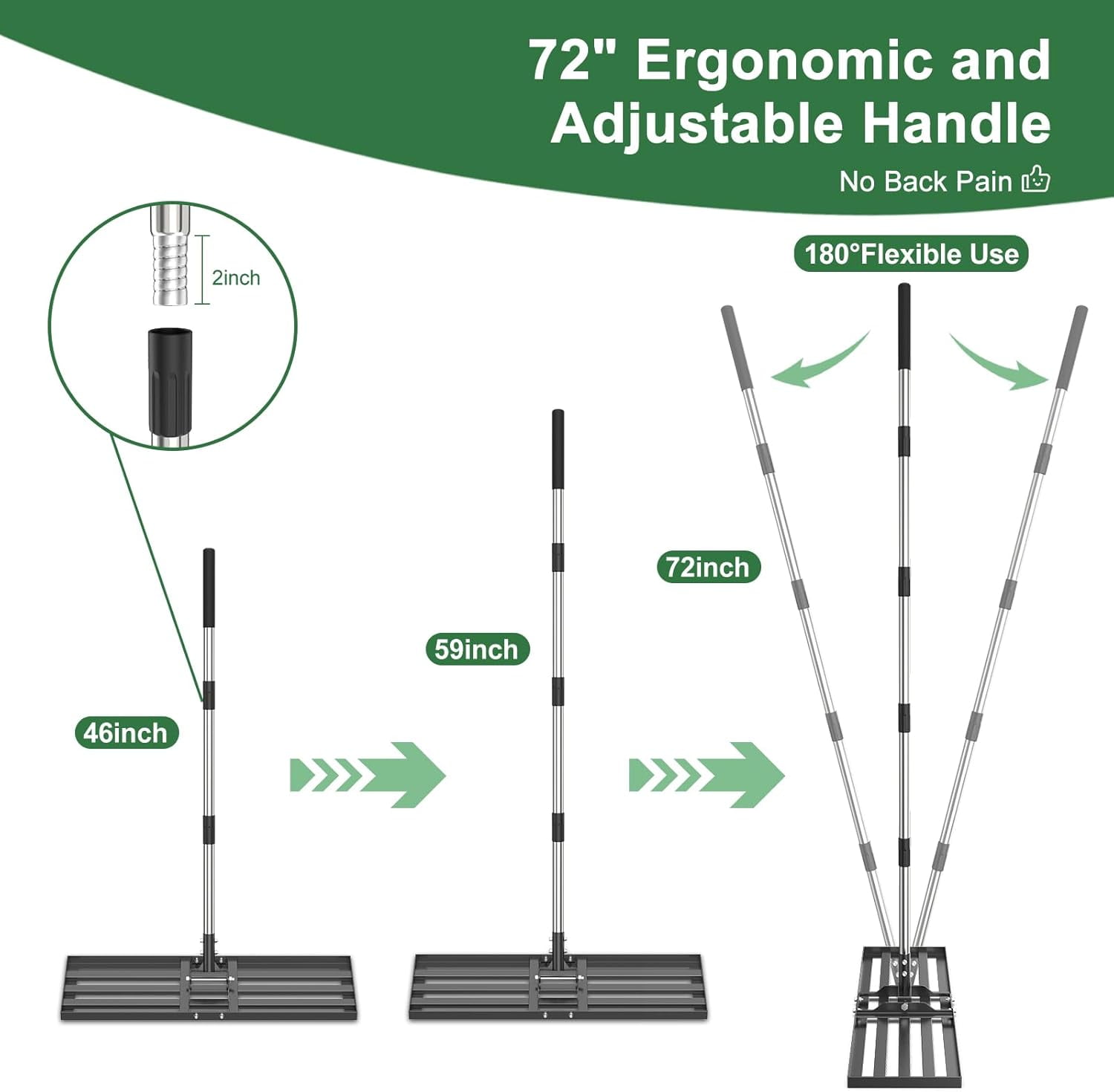 72" Lawn Leveling Rake - 30x10 inch Lawn Leveler Tool with Stainless Steel Handle for Golf Course, Yard, Pasture, and Garden