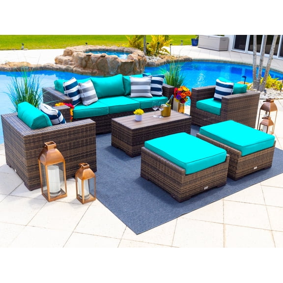 Sorrento 6-Piece L Resin Wicker Outdoor Patio Furniture Lounge Sofa Set in Brown w/ Three-seat Sofa, Two Armchairs, Two Ottomans, and Coffee Table (Flat-Wicker Brown Wicker, Sunbrella Canvas Aruba)