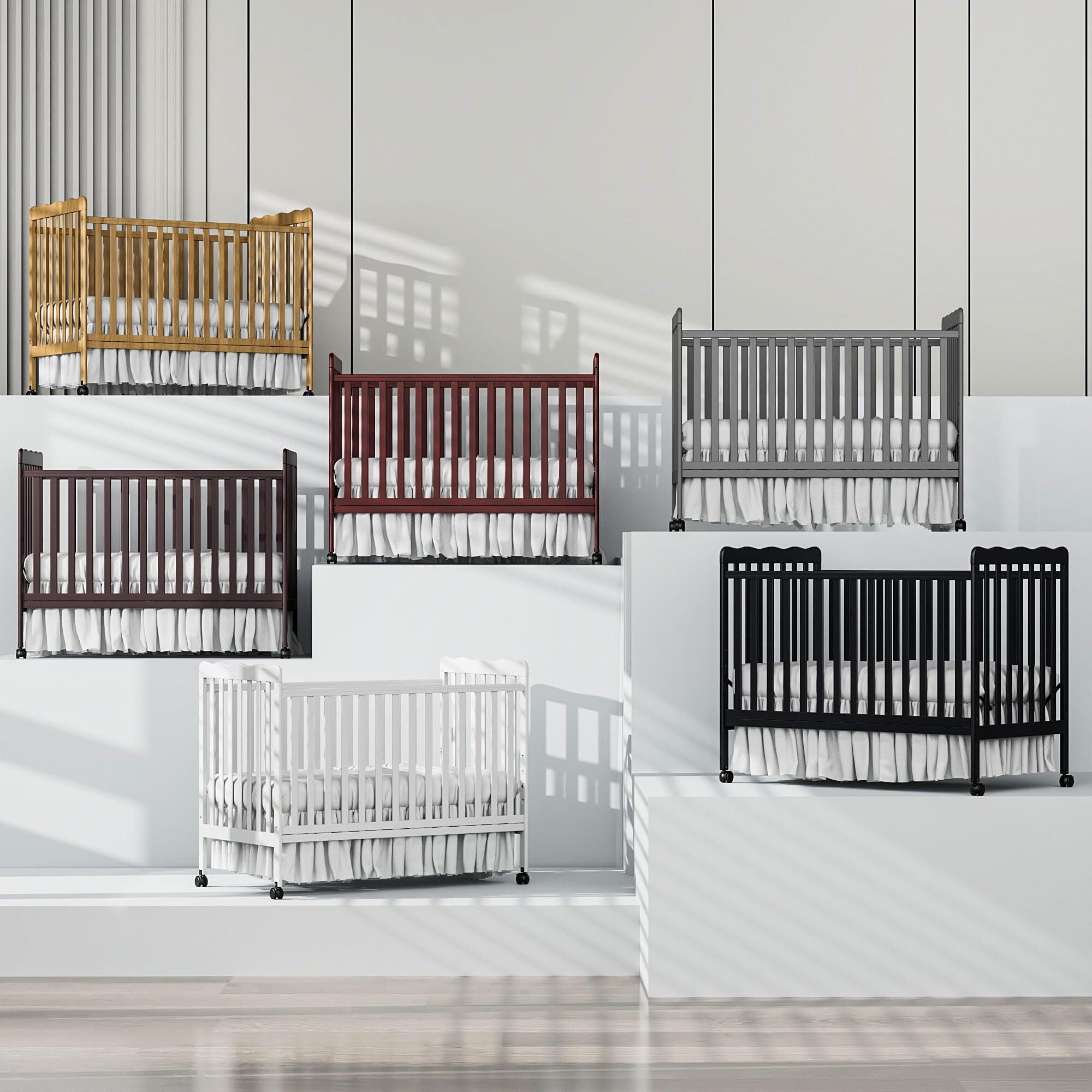 Baby Convertible Crib 3 In 1, Converts from Baby Crib to Toddler Bed, New Zealand Pinewood Baby Bed with Locking Wheels and Teething Rail, Crib with 4 Height Adjustment and Non Toxic Finish, Cherry