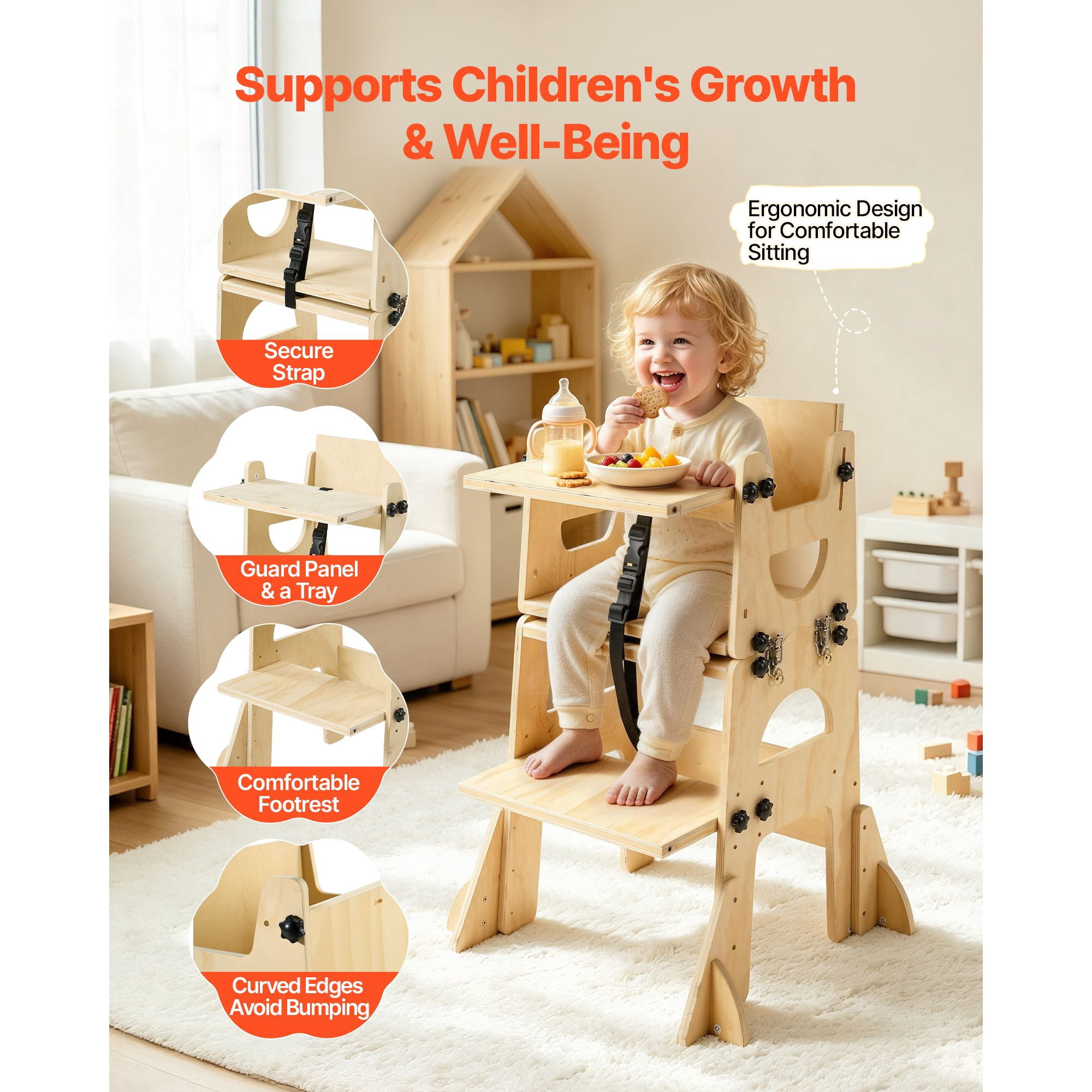 Toddler Tower, Wooden, Adjustable Kitchen Step Stool for Kids 1-5, Montessori Weaning Table and Chair Set, Learning Standing Tower with Chalkboard, Backrest, for Bathroom and Kitchen Counter