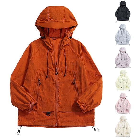 Unisex Hiking Jackets Windbreaker, Camping Trekking Fishing Rain Jackets Sun Protection Coats Lightweight Cardigans for Women Men, Rain Jacket Hooded Windbreaker with Pocket for Outdoor Beige L