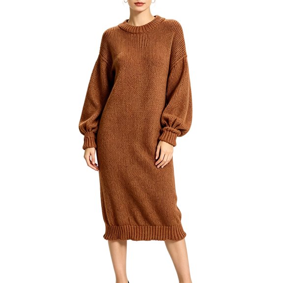 Lopecy-Sta Womens Dresses Crew Neck Oversized Tunic Sweater Midi Dress Long Sleeve Relaxed Fit Lounge Holiday Weekend Dress