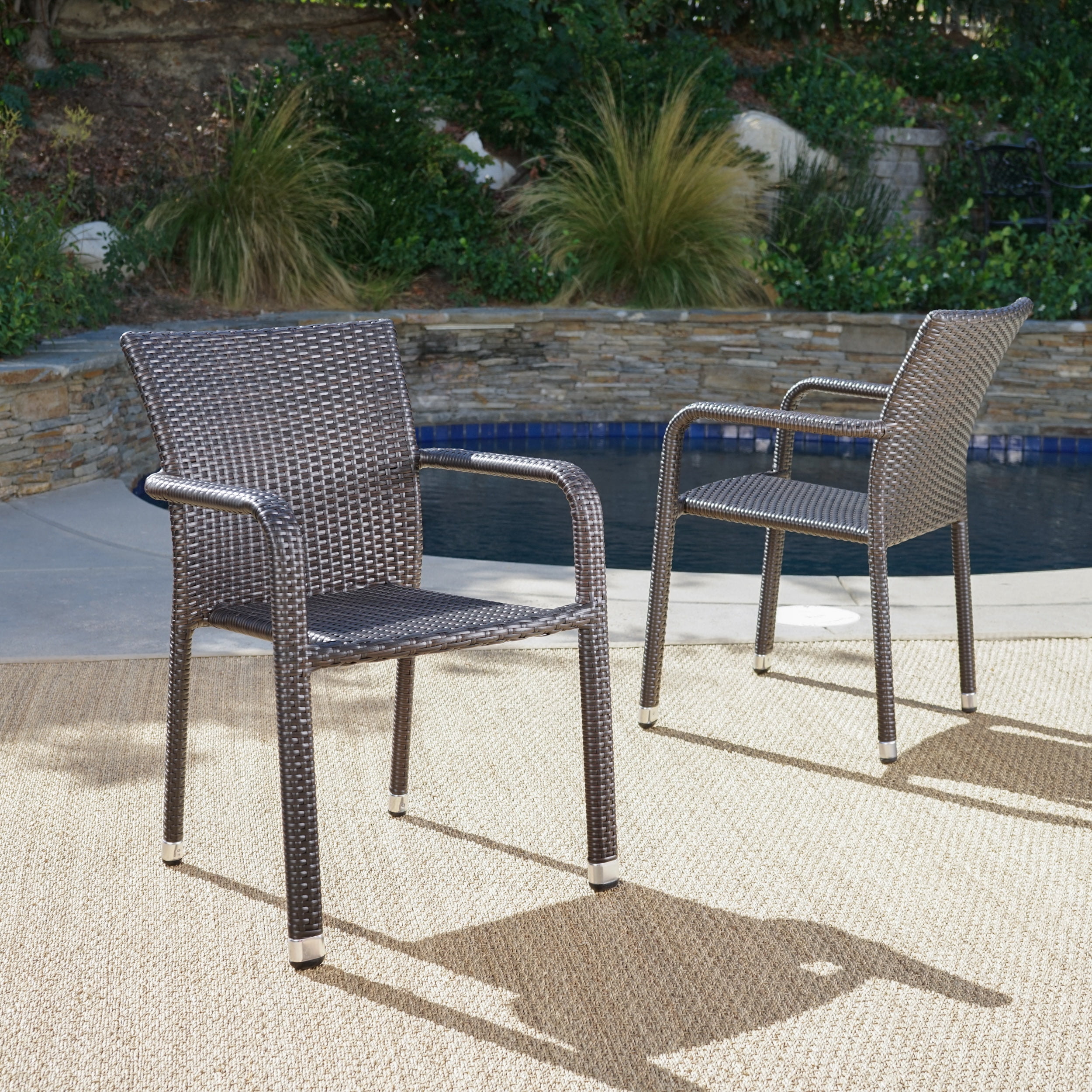 Vera Outdoor Wicker Armed Stack Chairs with an Aluminum Frame, Set of 2, Multibrown