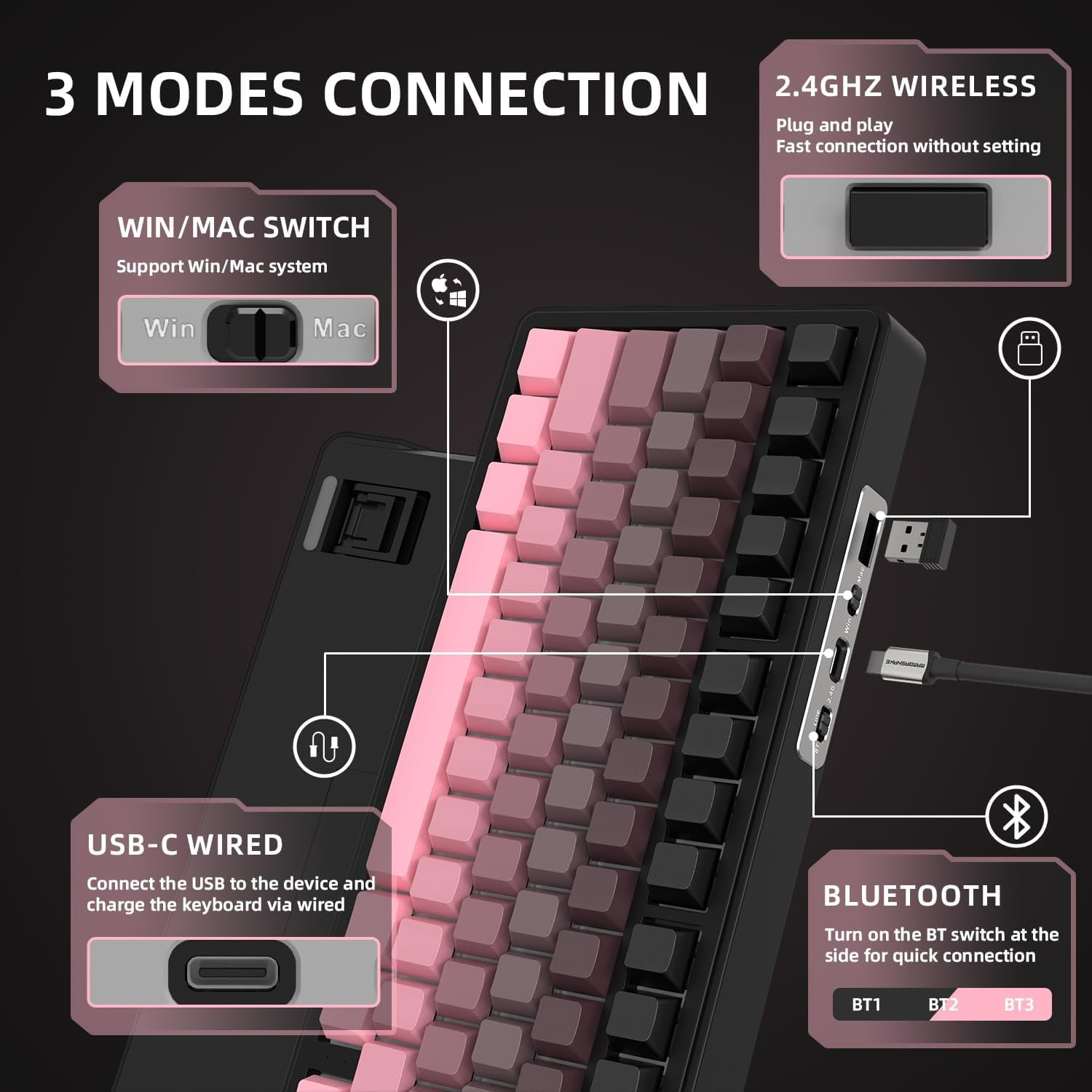 ATTACK SHARK X85 75% Mechanical Gaming Keyboard and Coiled Cable Set,Hot Swap,Cherry Profile Side Print PBT Keycaps,Gasket,CNC Knob,RGB,NKRO White Jade Switch for Win/PC/MAC-Pink Gradient