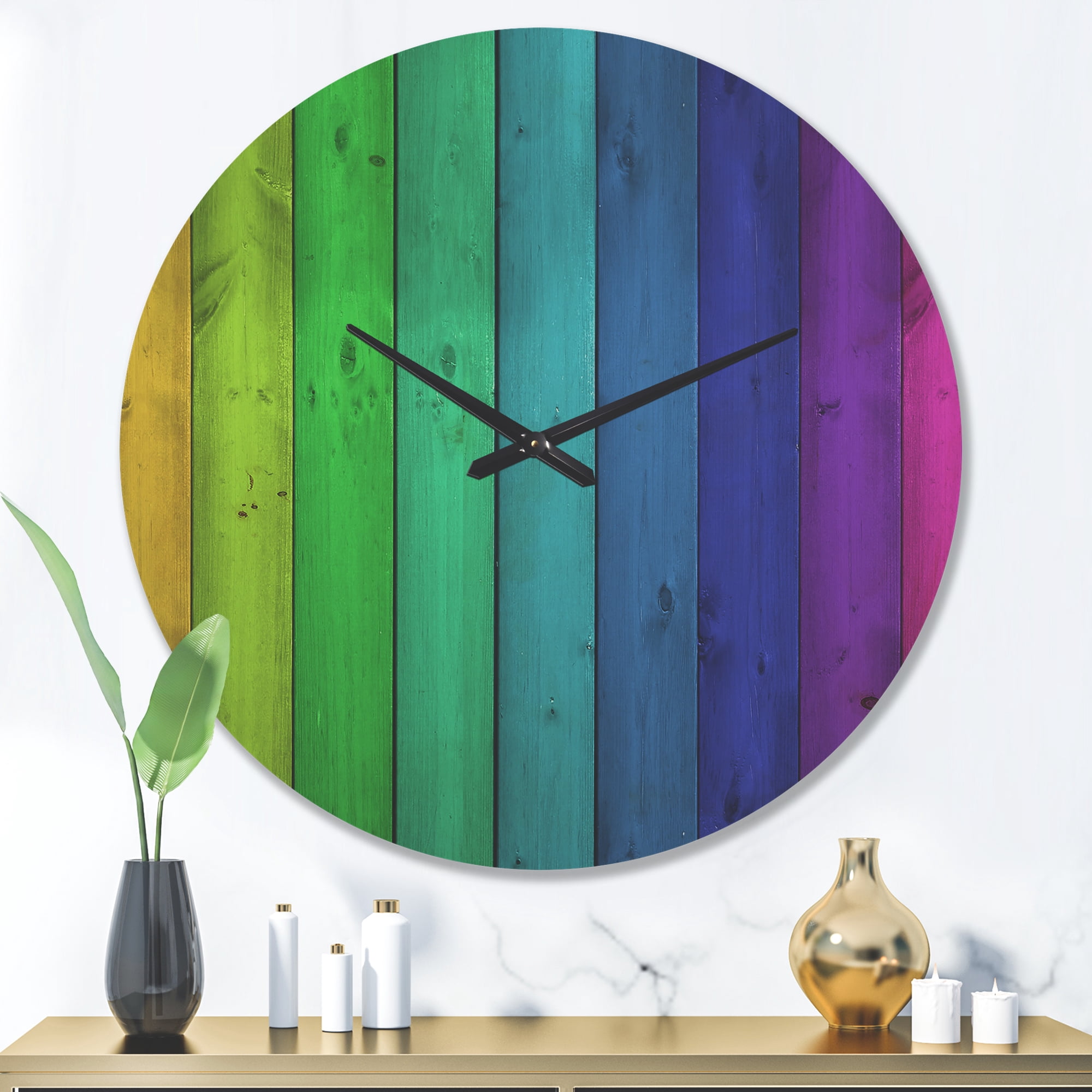 Designart 'Rainbow Colors On Wooden Planks' Modern Wood Wall Clock