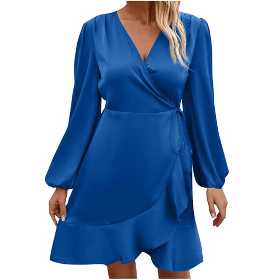 Sexlip Womens Wrap V Neck Short Sleeve Ruffle Hem Midi Dress Casual Party Office Wear Blue M