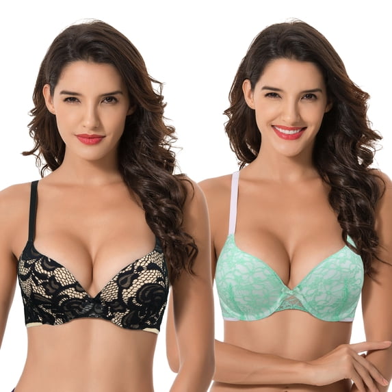 Curve Muse Women's Plus Size Perfect Shape Add 1 Cup Push Up Underwire Lace Bras-2Pk-Mint,Black-48C