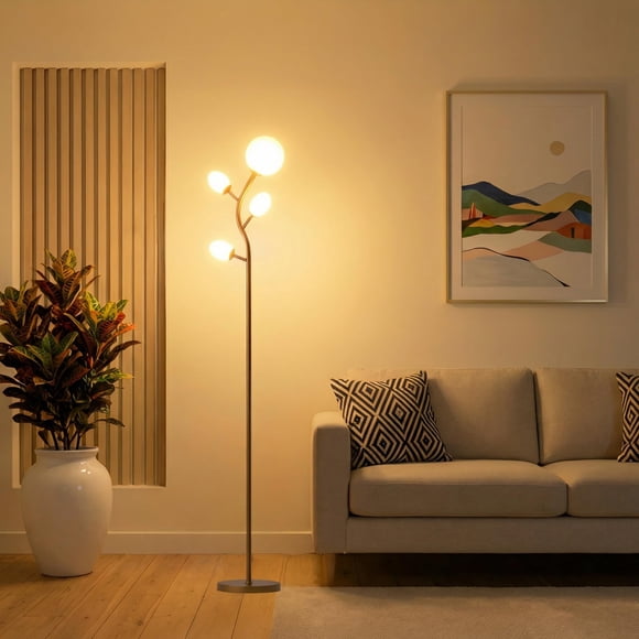 Fiqevs 4 Globe Floor Lamp, Modern Gold Tree Standing Lamp with Warm Light LED Bulbs and Sphere Frosted Glass Shade, Mid Century S