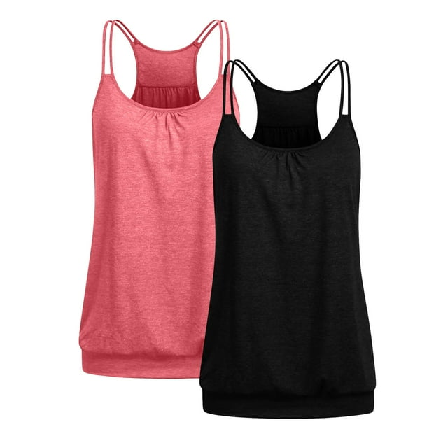 Timegard Camisole 2 Pcs pour Femmes Dos Nageur Col Rond Tunique Confortable Froncée Couleur Unie Sans Manches