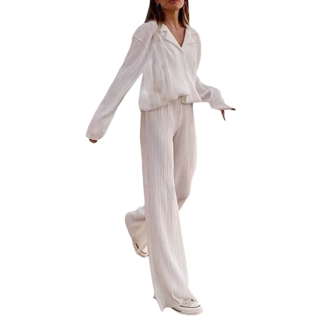 SAYOO Traje de dos piezas para mujeres, camisa de botón de manga larga + traje de pantalones SAYOO moda