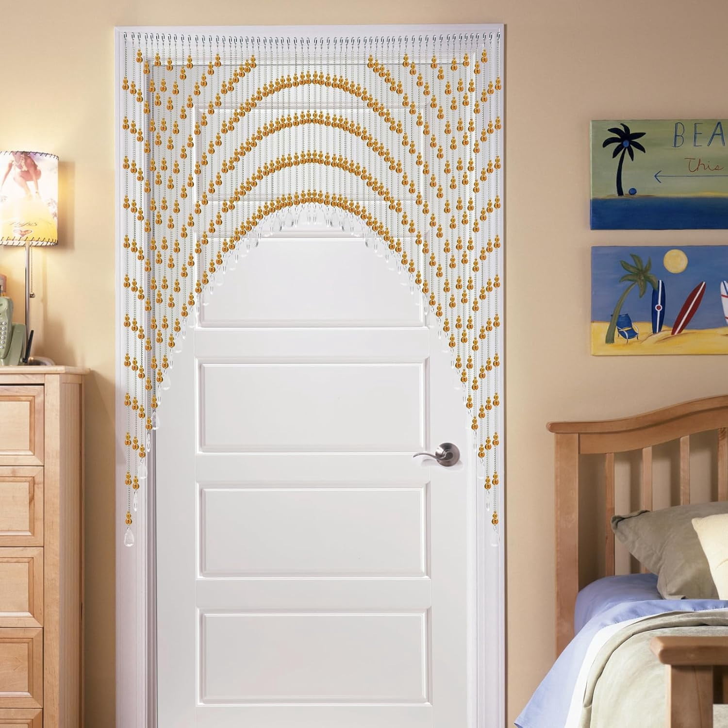 60 Strings Beaded Curtain for Doorway Tassels Beads Hanging Fringe Room, Hanging Beads Curtain Wall Closet Privacy Decor Room Bead Partition Curtain Divider Window Hallway 8.2-9.8ft (Amber, Clear)