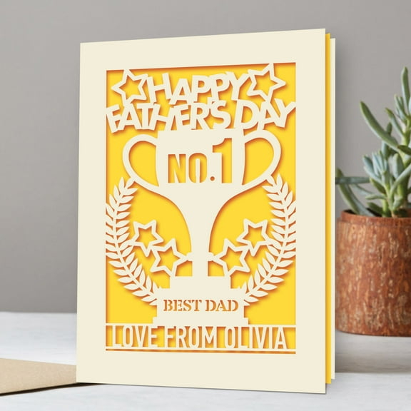 Personalized Father's Day Greeting Card, Paper Cut Trophy No.1 Best Dad, Gift for Dad Stepdad Grandpa from Daughter Son Kids