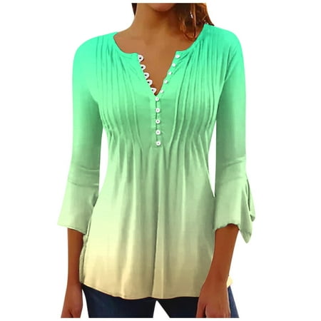 

ZQGJB Women s Casual Trumpet 3/4 Sleeve Printed Buttoned V Neck Basic Ruched Corset Tunic Tops Loose Flowy Pleated T-shirts Cozy Blouses Green S