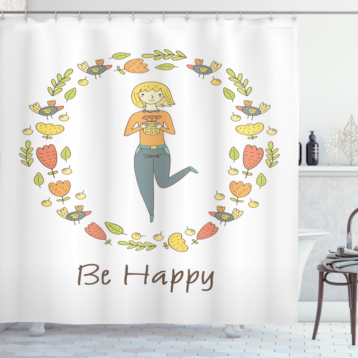 Blonde Girl Shower Curtain Waterproof Fabric Bathroom Decor Set with 12 Hooks 