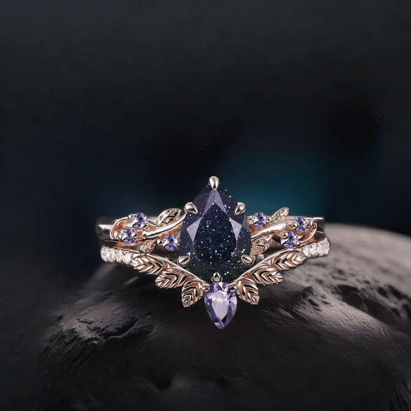 Gothic Pear Sandstone & Amethyst Engagement Ring Set in 14K Rose Gold Vermeil- Leaf Art Deco Ring- Cluster Ring