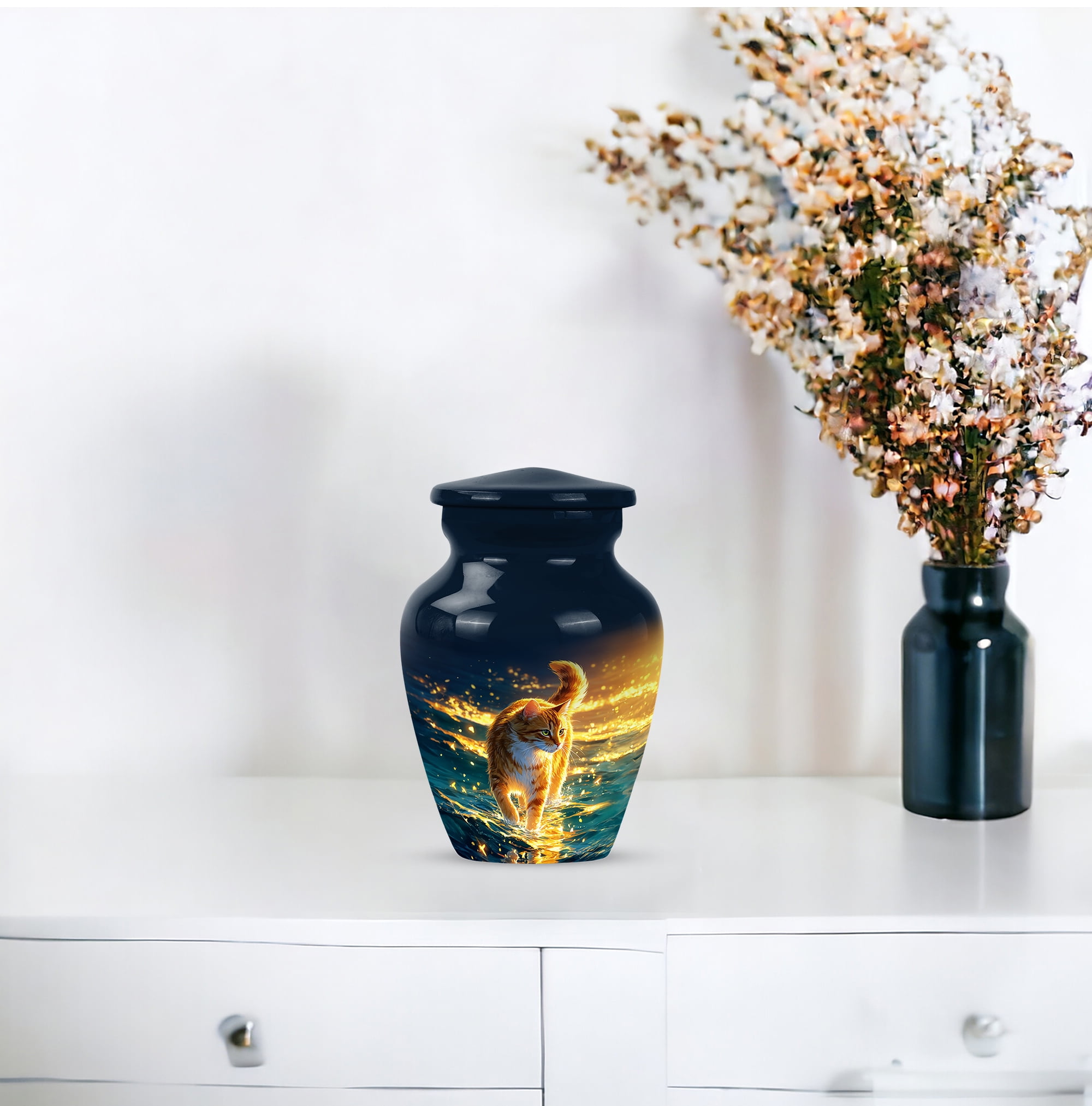 Cat Small Cremation Urns For Adult Human Ashes 3 Inch - Burial Urns For Human Ashes Adult Female Keepsake Remains - Blue Mini Urn For Women & Men - Miniature Urn For Mother And Father