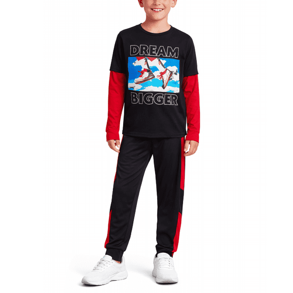 Pro Athlete Boys Pants Set - 2 Piece Performance Graphic Tees and Tricot Jogger Sweatpants (8-16)
