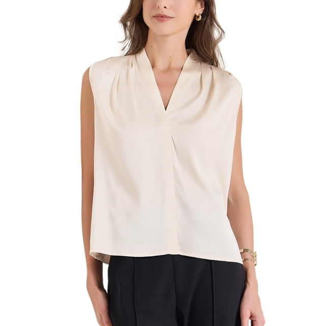 INSPIRAR CHIC Top sin mangas de seda satinada de verano para mujer, con escote en V y fruncido, M color champán