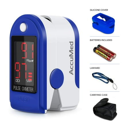 AccuMed CMS-50DL Finger Pulse Oximeter Blood Oxygen SpO2 Sports and Aviation Monitor w/Carrying case, Lanyard Silicon Case & Battery (Blue)