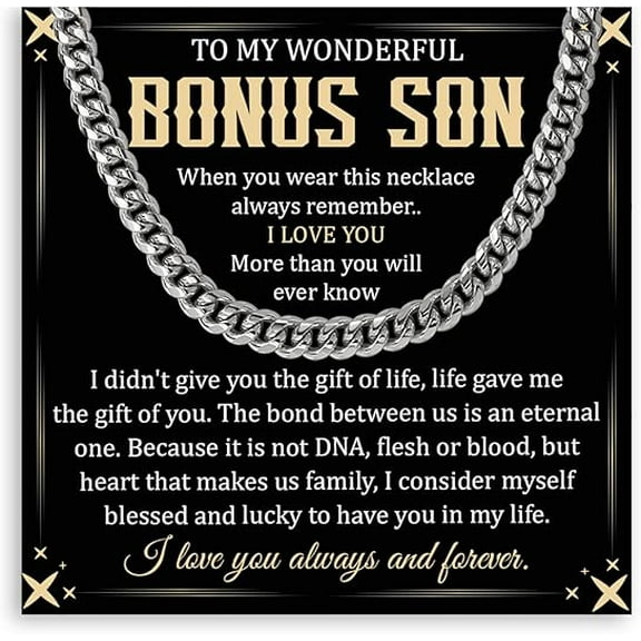 Bonus Son Necklace Gift on His Birthday, Cuban Link Chain for Stepson from Stepdad, Chain Necklace for Bonus Son, Wedding Gift for Bonus Son with Message Card and Gift Box